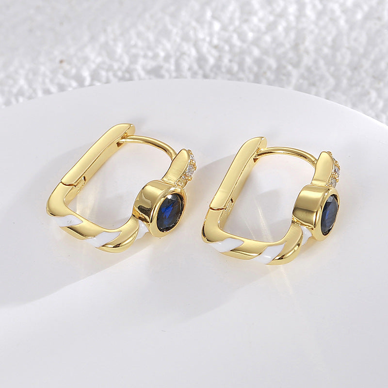 E0504 Design Sense Geometric Blue Zircon Earrings for Women Brass Gold-Plated Micro-Inlaid White Zircon Ear Clips