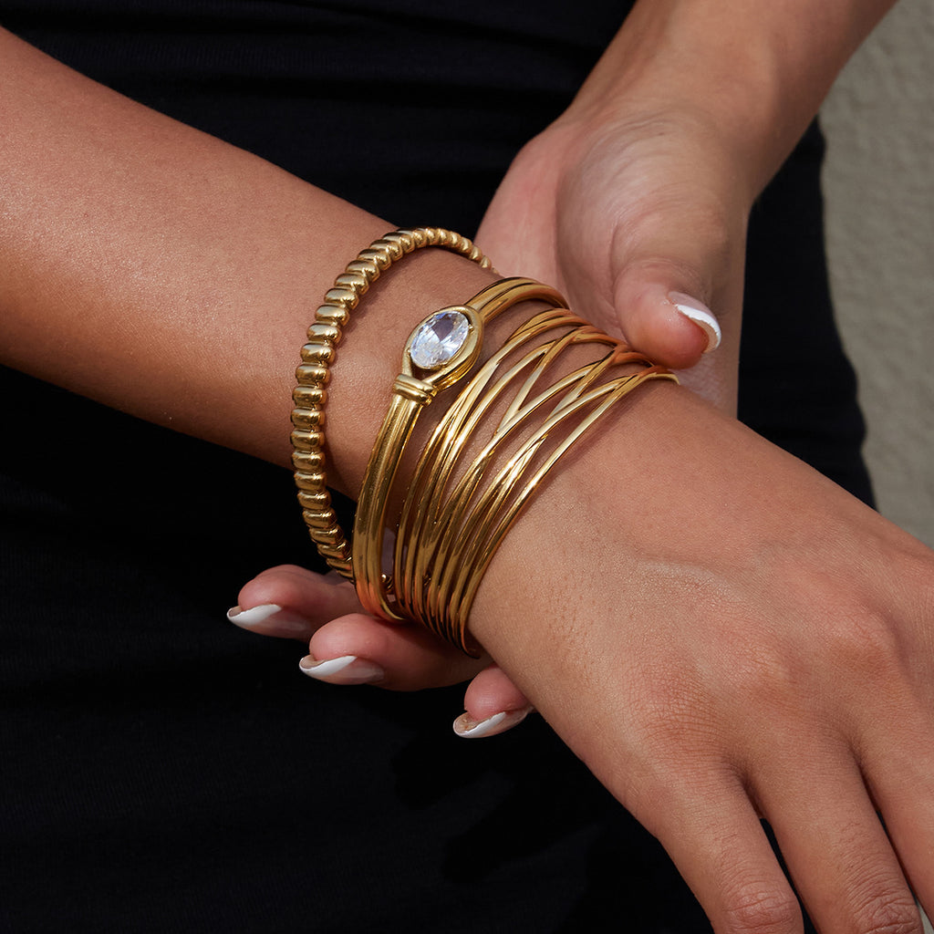 Stainless Steel Wide Hollow Zircon Open Bracelet Non-Fading Jewelry for Women