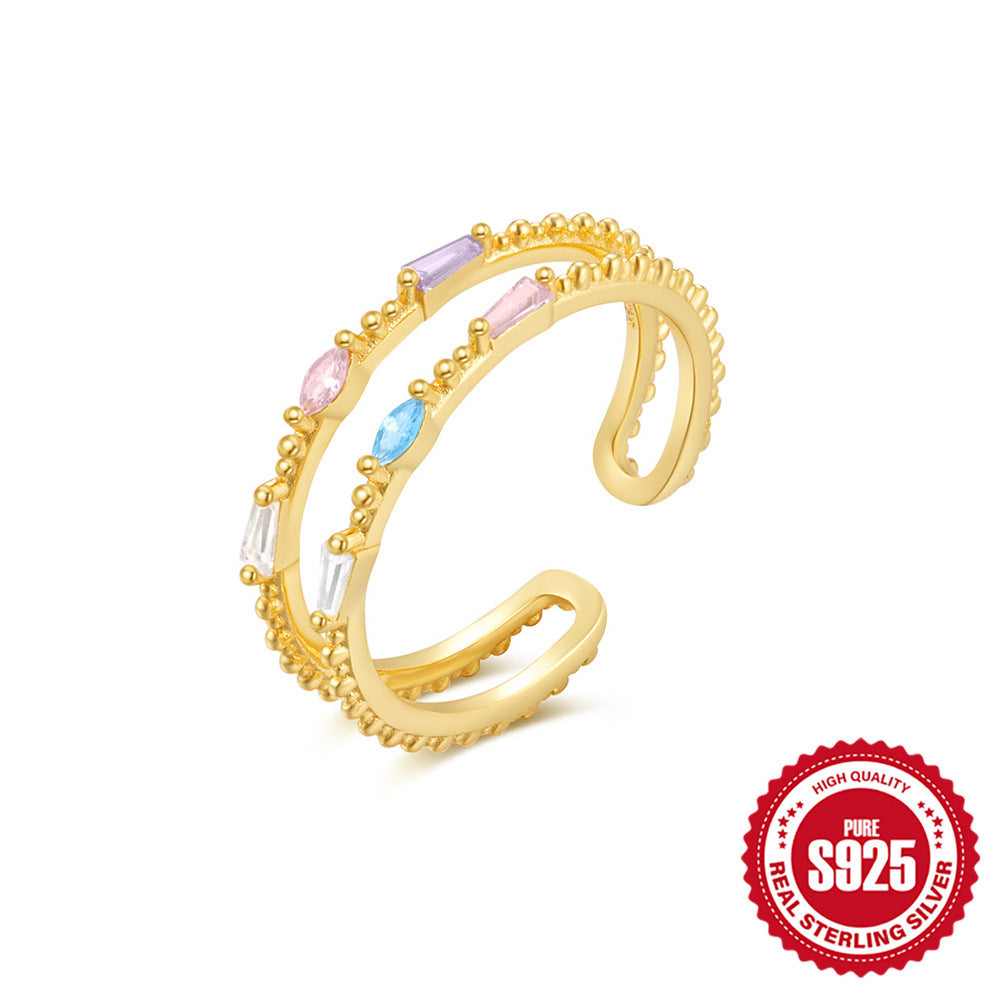 S925Sterling Silver Ring Micro Pave Colored Diamond Ring New Double Layer Design Sense Strong Open Ring