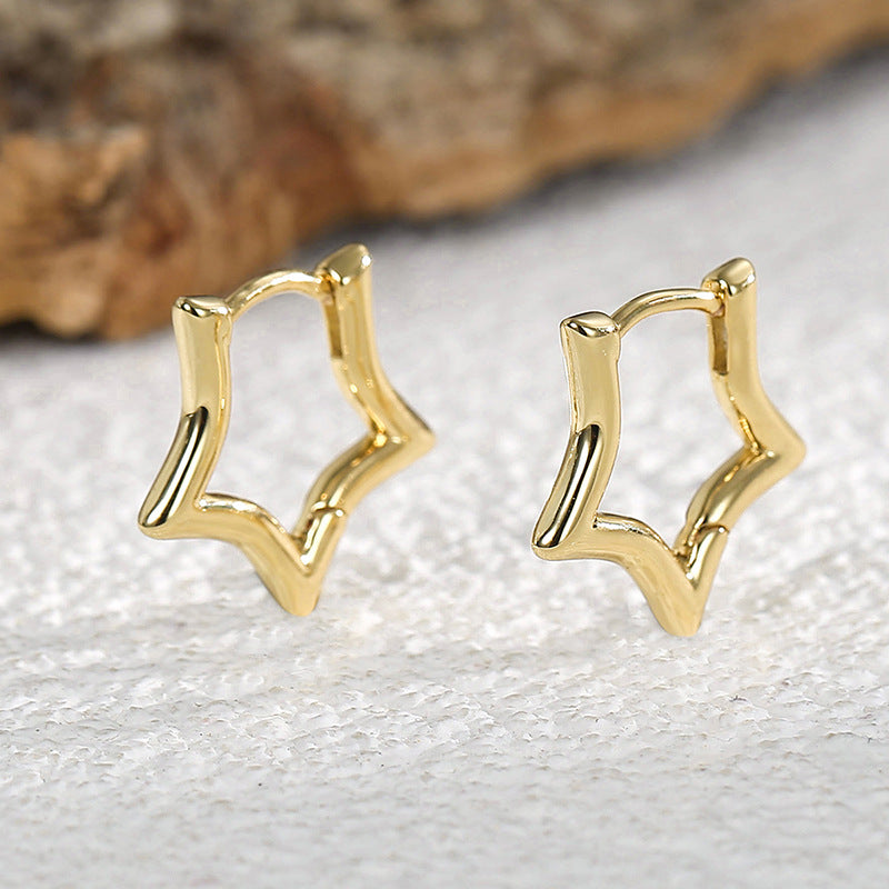 E0330 Metallic Star Earrings for Women Copper Plated Real Gold Glossy Pentagram Ear Clips Ear Hoops Ear Jewelry