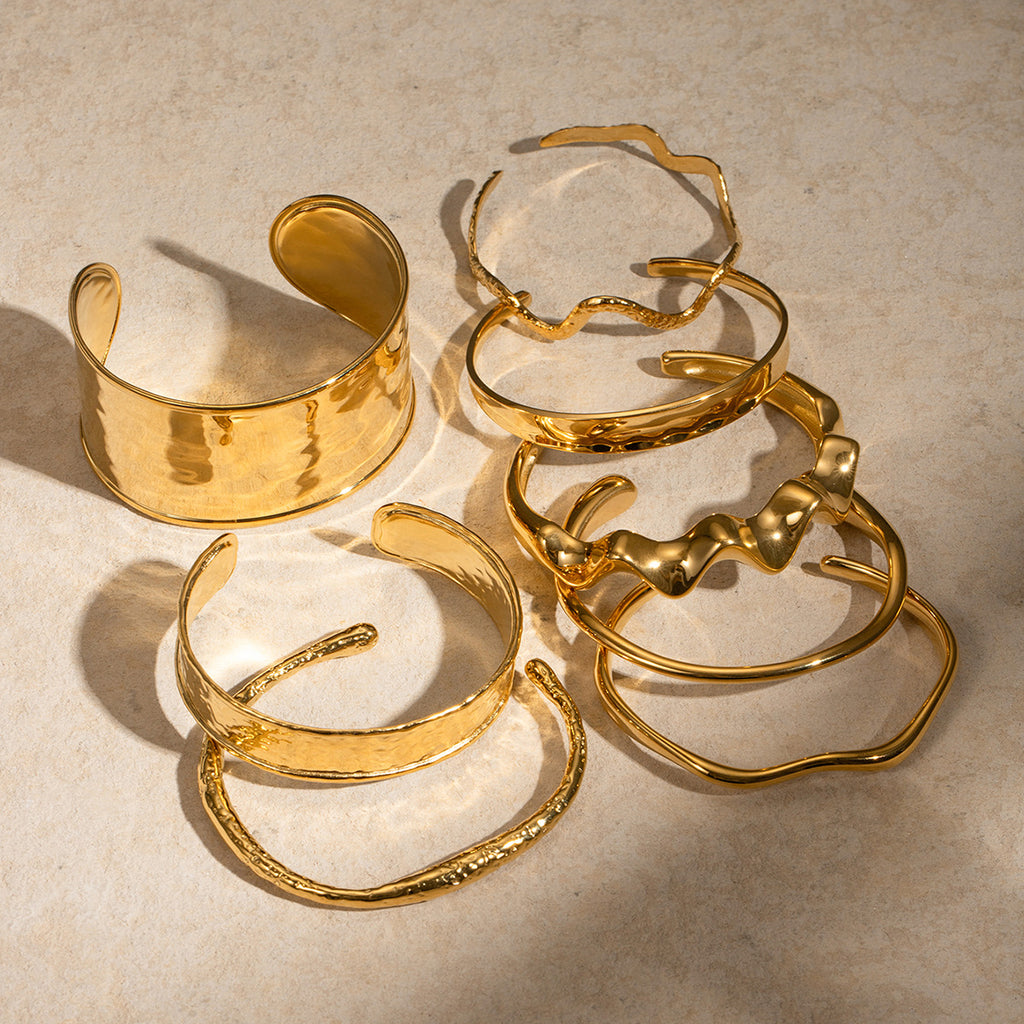 Stainless Steel18K Gold Bracelet Irregular Bangle Hammered Wave Open Bangle