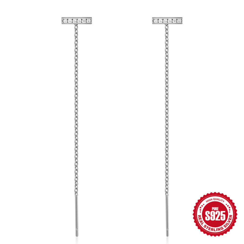 S925Pure Silver Long Minimalist Tassel Claw Setting Diamond Ear Thread Earrings Korean and Japanese Heart Earrings