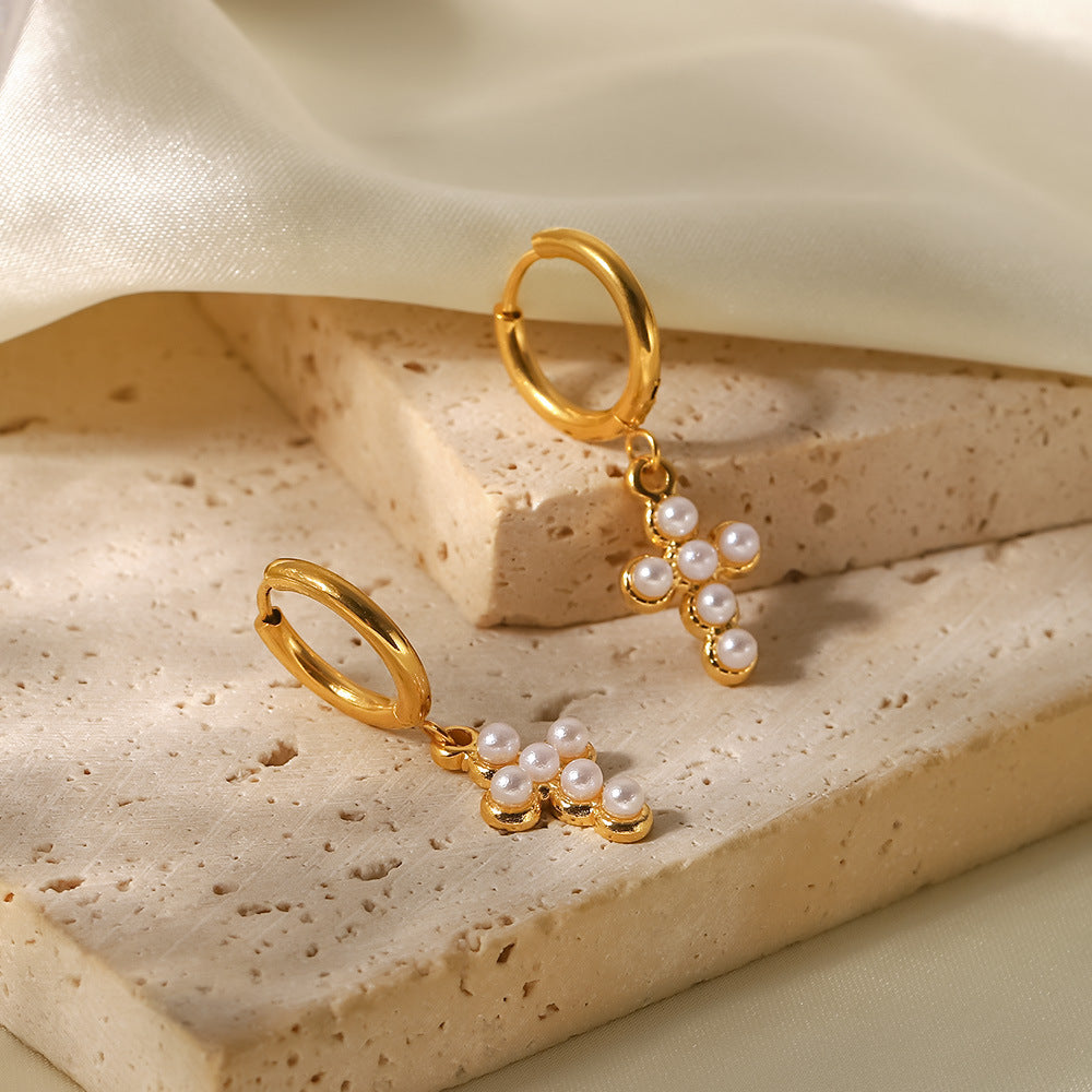 2H French Fashion New Versatile Earrings18K Gold Stainless Steel Cross Pendant Women's Earrings Style