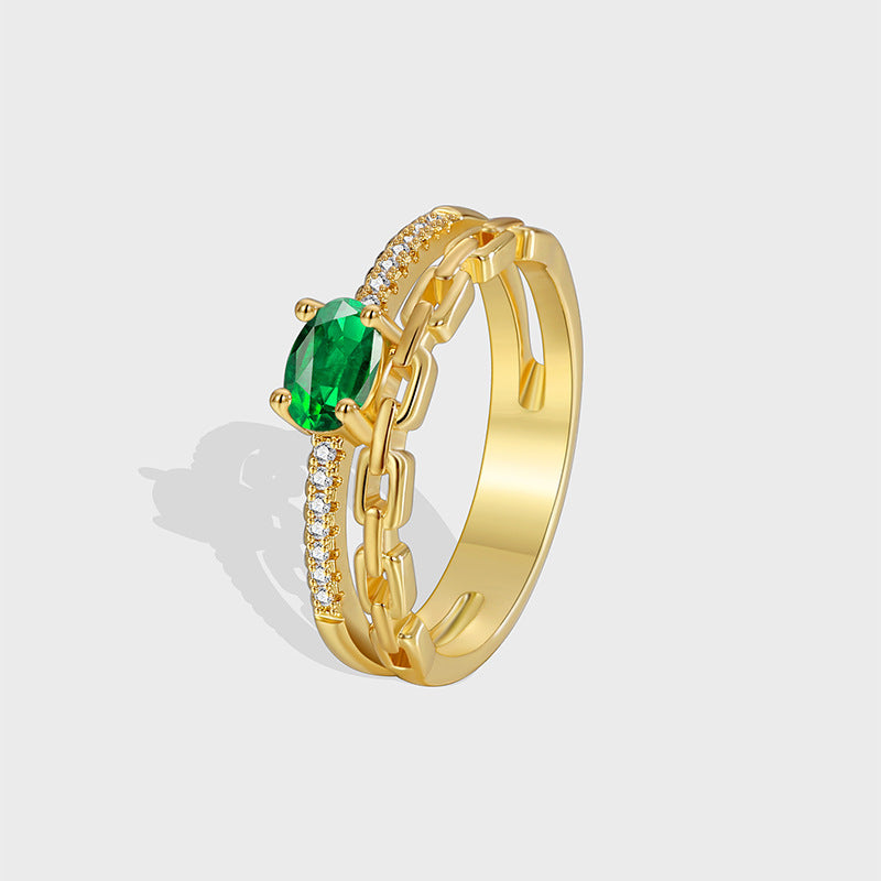 R0415 Chain Design Ring Women's Fashion Copper Plated Real Gold Green Zircon Ring