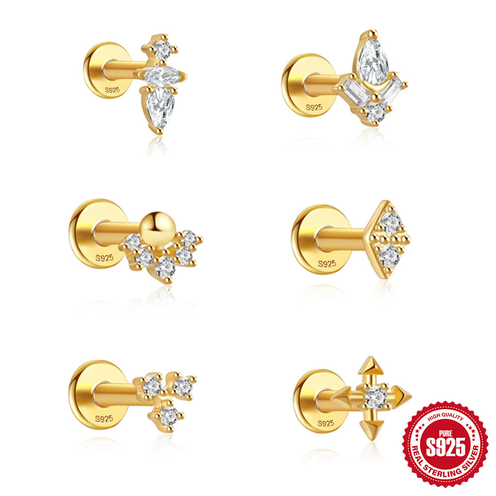 New925Sterling Silver Flat Threaded Piercing Stud Earrings Hot Sale Fashion Round Ball Inlaid Diamond Ear Bone Stud Earrings for Women