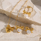 Stainless Steel Bow Necklace Zircon Stud Earrings Ring18k Gold accessories