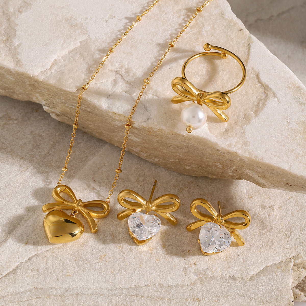 Stainless Steel Bow Necklace Zircon Stud Earrings Ring18k Gold accessories