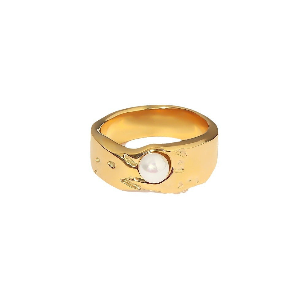 Same Style18K Gold-plated Stainless Steel Lava Pearl Ring Fashion Trend Ring