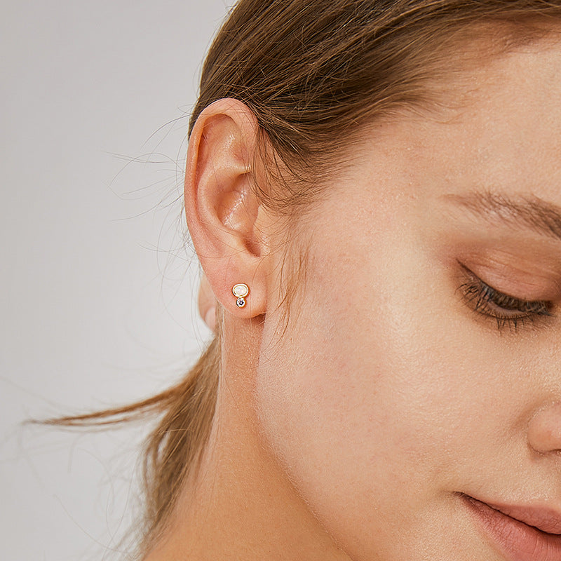 E0368 Korean Style Simple Copper Gold-Plated Round Purple Zircon Earrings for Women Synthetic Opal Stud Earrings In Stock