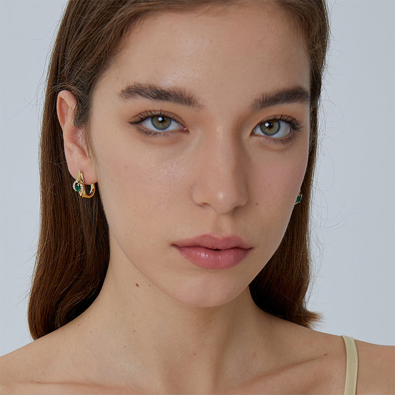 E0473 Fashion Simple Green Zircon Earrings for Women Micro Pave White Zircon Hoop Earrings