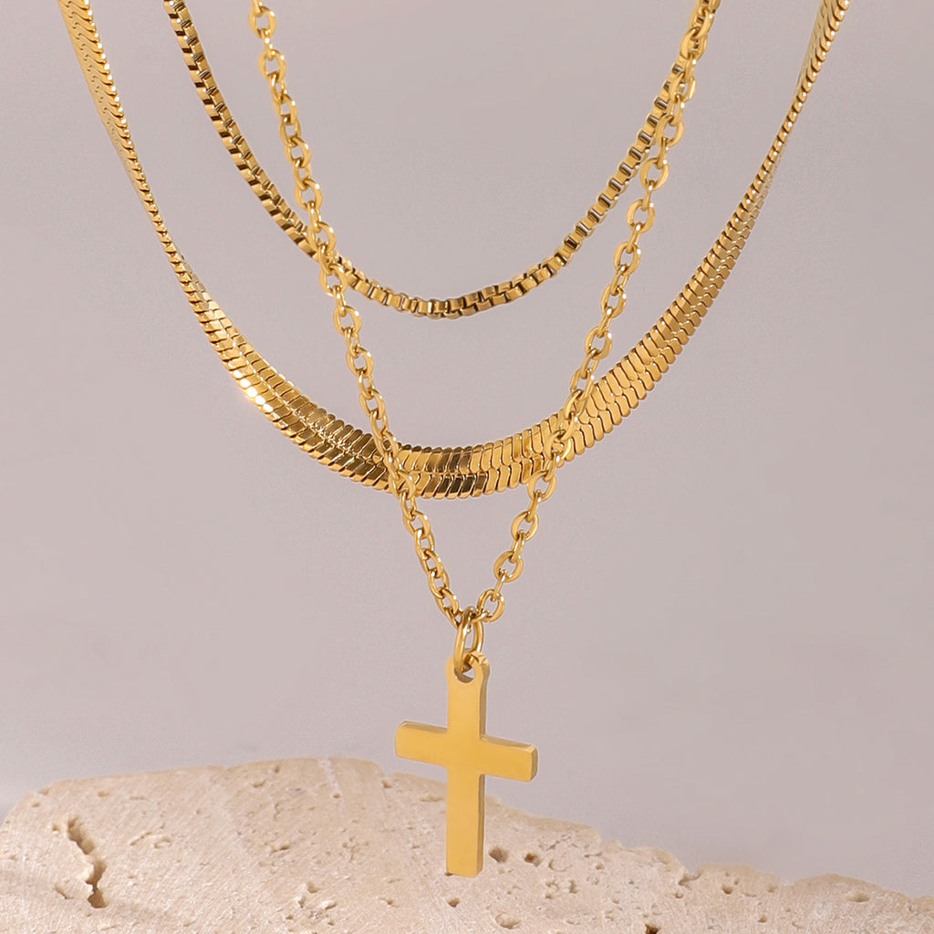 2H Stainless Steel Smooth Three-Layer Cross Pendant Necklace Layered Simple Collarbone Chain Jewelry