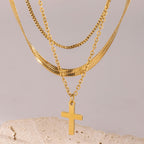 2H Stainless Steel Smooth Three-Layer Cross Pendant Necklace Layered Simple Collarbone Chain Jewelry