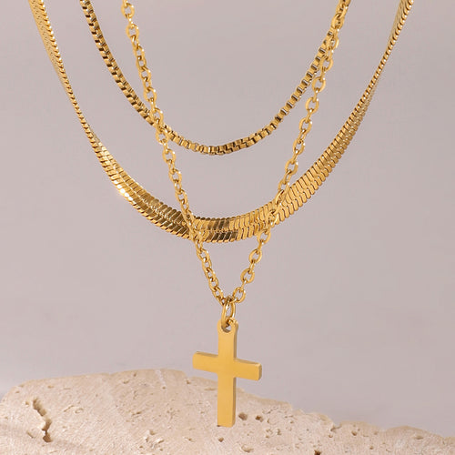 Cross Layered Pendant Stainless Steel Gold-Plated Necklace — design detail