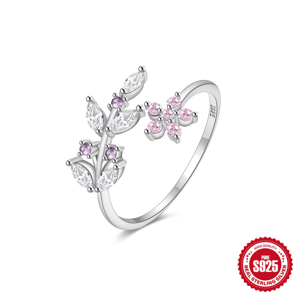 925Sterling Silver Leaf Pink Floral Creative Open Ring Marquise Zircon Combined Design Non-Collision Index Finger Ring