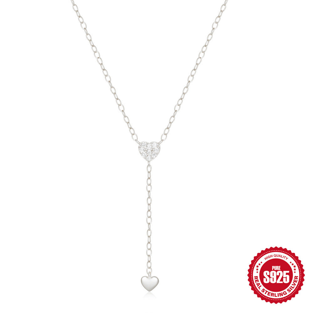 Sterling Silver Tassel Y Clavicle Necklace With Double Heart Diamonds