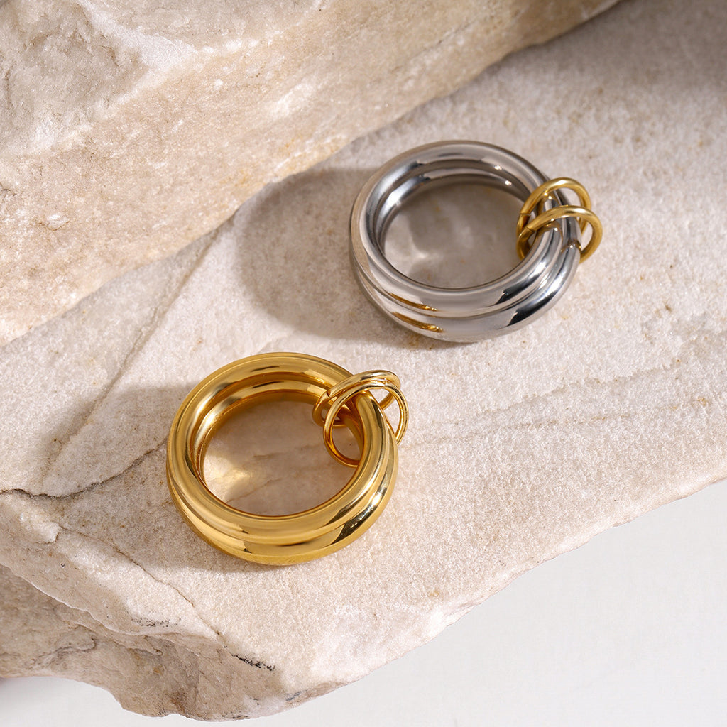 18K Gold Stainless Steel Metal Glossy Two-Piece Ring Set Hot Selling Simple Ring