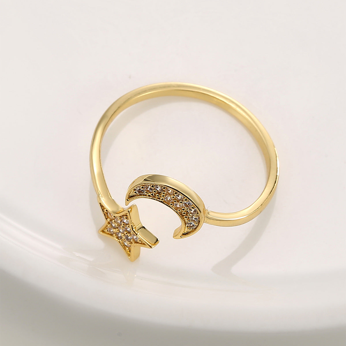 R0676 Star and Moon Inlaid Zircon Ring for Women, New Open Adjustable Tail Ring