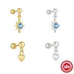 New925Sterling Silver Blue Inlaid Diamond Eight-Pointed Star Heart Round Ball Threaded Ear Bone Stud Hot-Selling Earrings