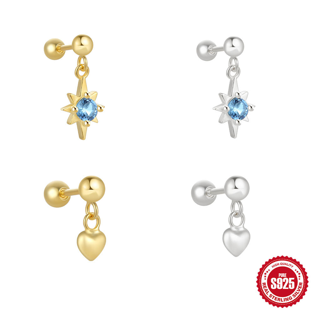 New925Sterling Silver Blue Inlaid Diamond Eight-Pointed Star Heart Round Ball Threaded Ear Bone Stud Hot-Selling Earrings