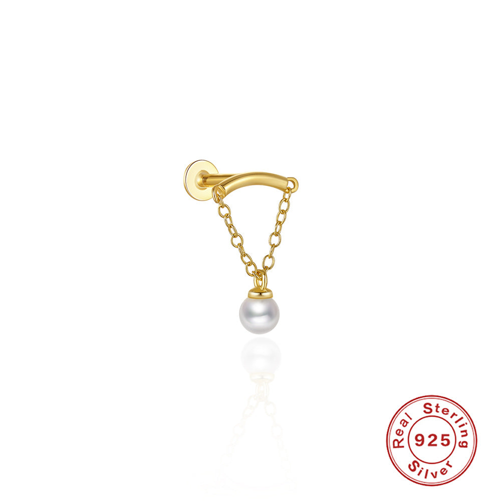 S925Sterling Silver Tassel Pearl Double Chain Piercing Ear Bone Stud Earrings Hot Selling Creative Minimalist Style Earrings