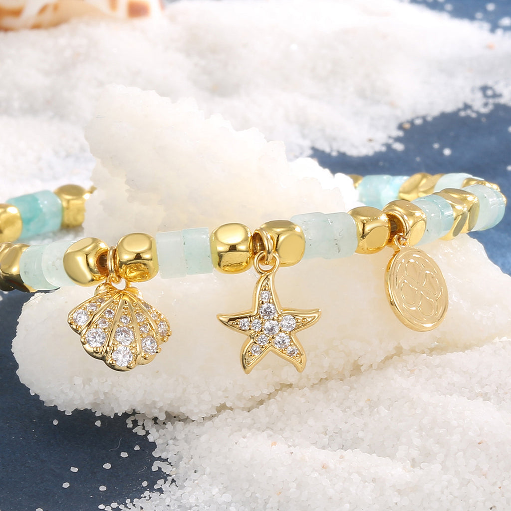 CYB0237 Copper plating14k Gold New Beach Bracelet Shell Starfish Zircon Beads