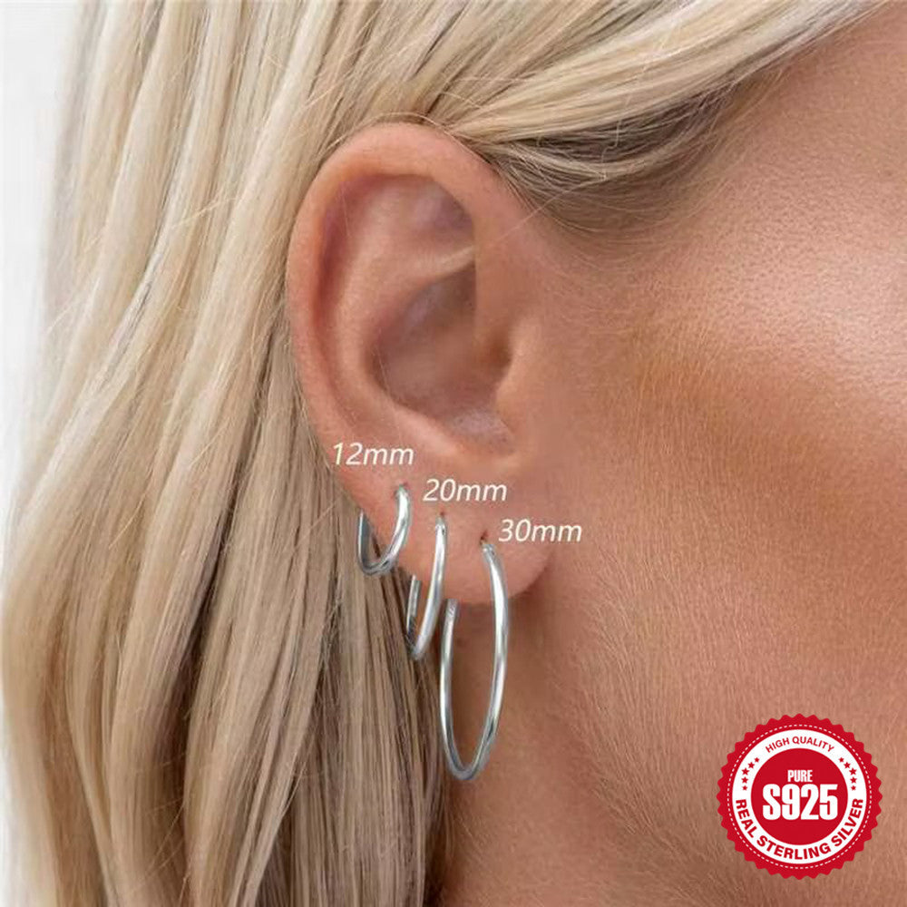925Pure Silver Minimalist Smooth Hoop Earrings Set Hot-Selling Classic Cool Earrings for Women
