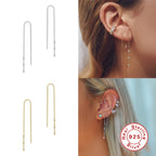 S925Sterling Silver Box Chain Tassel Triple Inlaid Diamond Ear Thread Earrings Korean Style Fashionable Earrings for Women