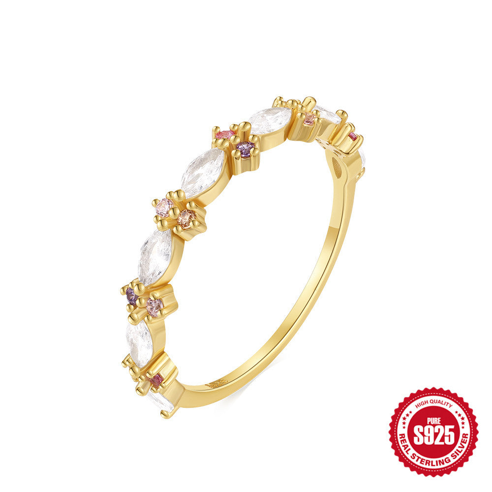 S925Sterling Silver Color Diamond Sweet Ring Female Japanese and Korean Minimalist Style Small Index Finger Ring