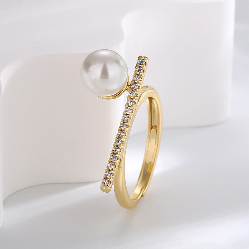 R0592 Simple Single Row Zircon Ring for Women Bohemian Vintage Elegant Shell Pearl