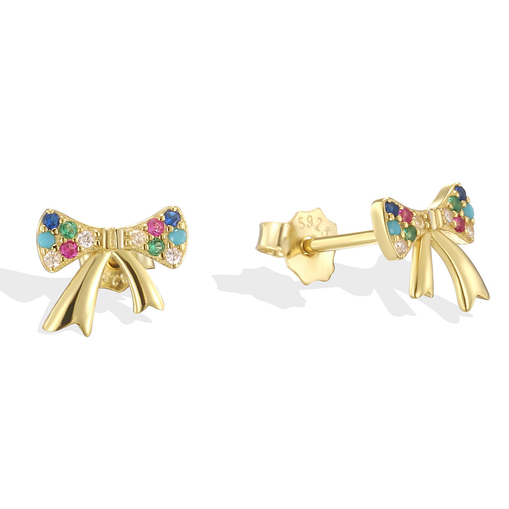 SE0325 S925Silver Colorful Zircon Bowknot Earrings Forest Style Small Sweet Stud Earrings