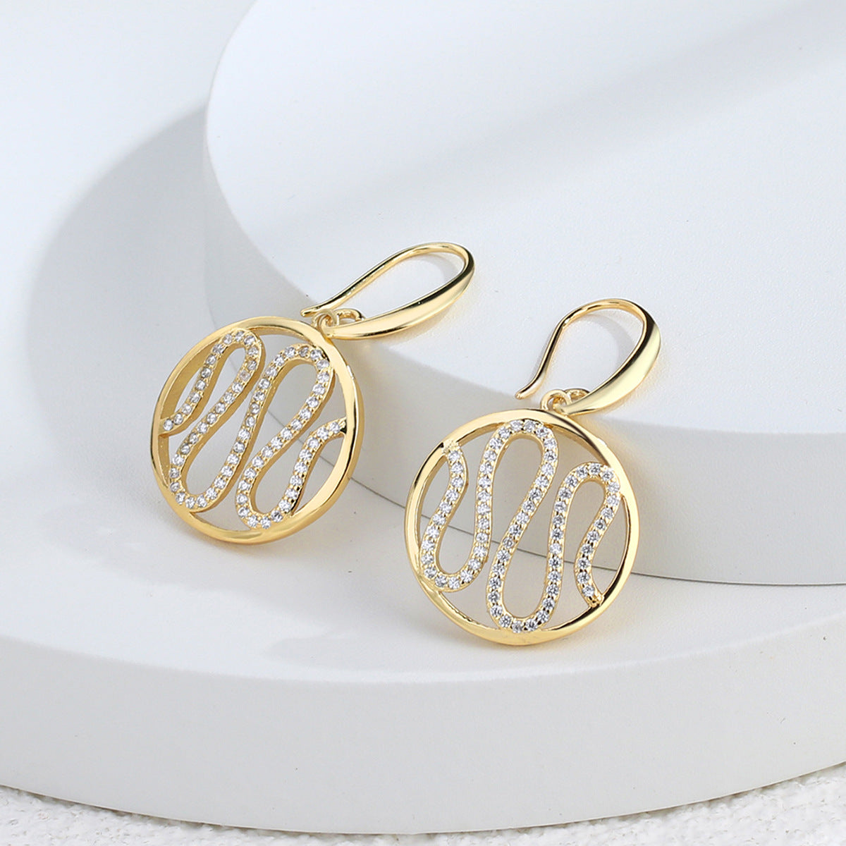 E0337 Irregular Wave Ear Hook Female Gold Plated Inlaid Zircon Hollow Ear Jewelry