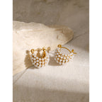 18k Gold Stainless Steel/Hollow Basket Inlaid Rhinestone Earrings Unique Design Fashion Shell Pearl Earrings for Women