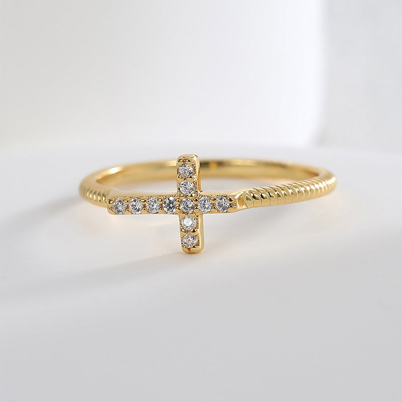 R0034 Fashion Trend Cross Ring for Women Simple Versatile Zircon Inlaid