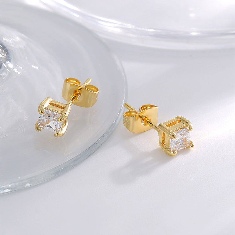 E0775 Fashion Four-Prong Square Zircon Earrings for Women gold Simple and Cool Earrings