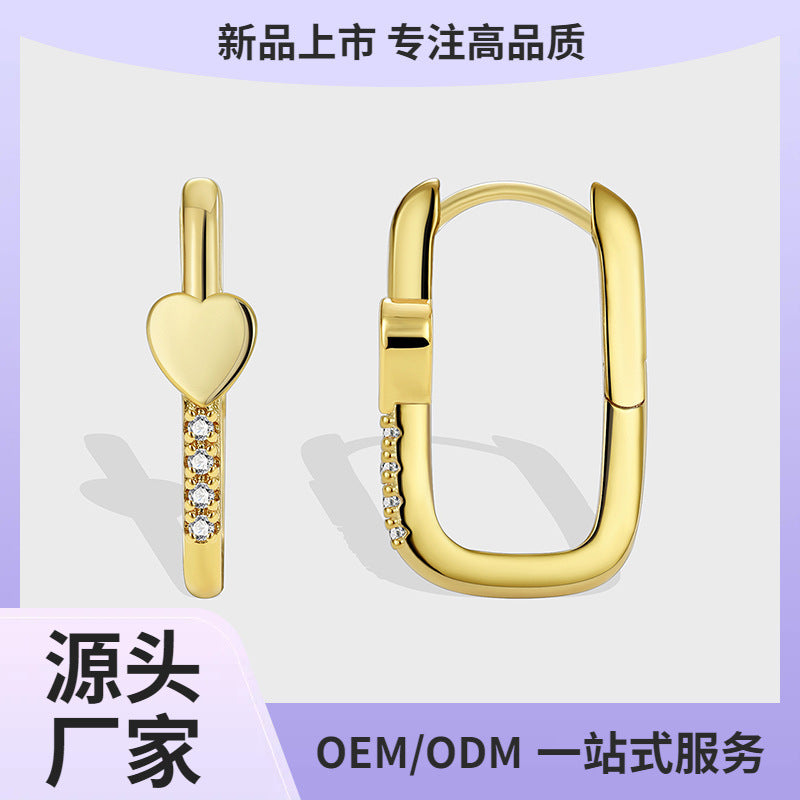 E0515 Fashion Heart-Shaped Zircon Earrings for Women Copper Gold-Plated Micro-Inlaid White Zircon Simple Earrings