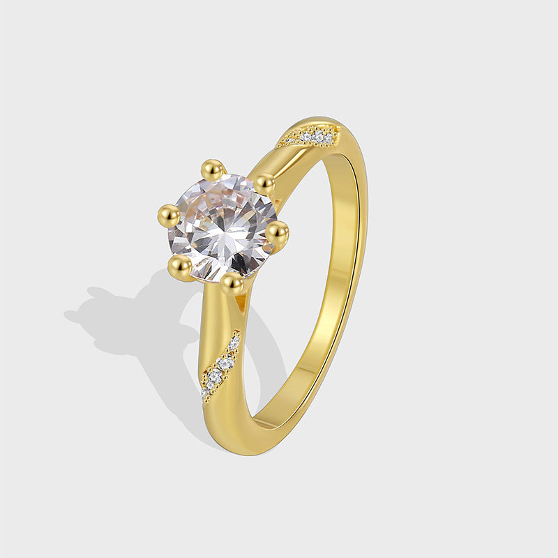 R0517 Simple Elegant Fashion Ring for Women Brass Gold-Plated Six-Prong Zircon Vintage Ring