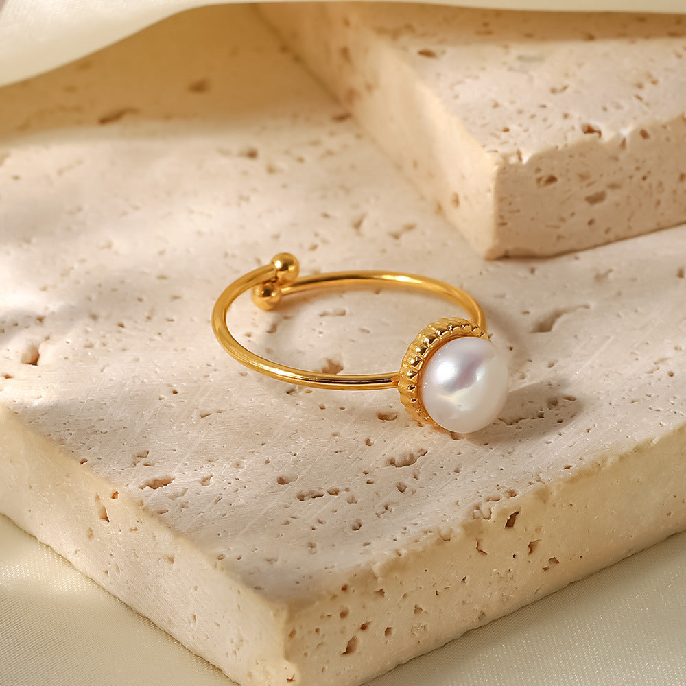 2H  Fashion Versatile Same Style Ring 18K Gold Stainless Steel Adjustable Freshwater Pearl Bread Bead Fine Ring