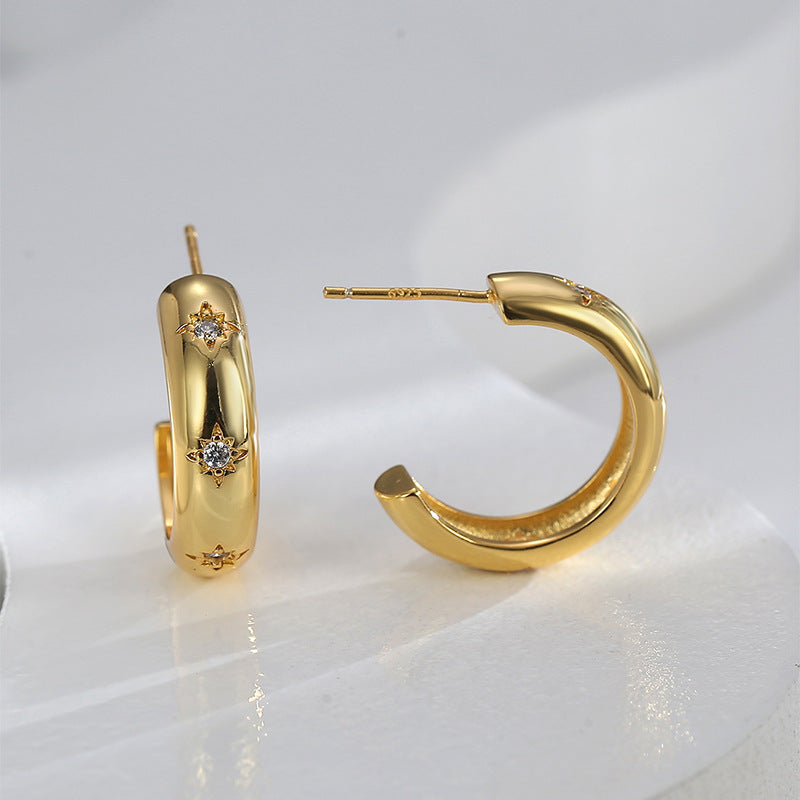 E0595 Fashion Simple Smooth Earrings for Women Copper Gold Plated Micro Inlaid Zircon Vintage Stud Earrings