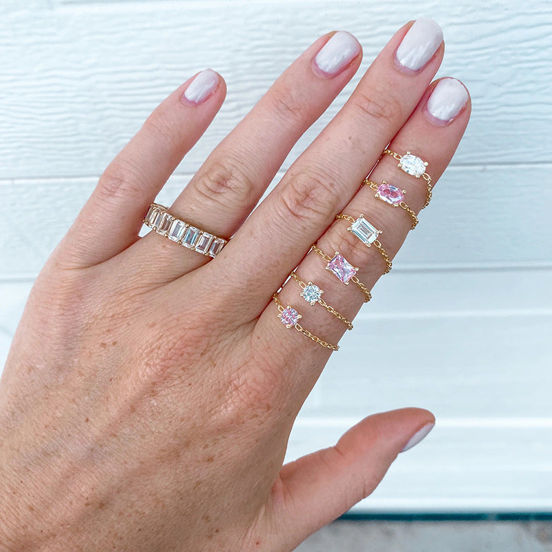 S925Sterling Silver Inlaid Simulated Diamond Zircon Open Ring Trendy Jewelry Adjustable Chain Ring