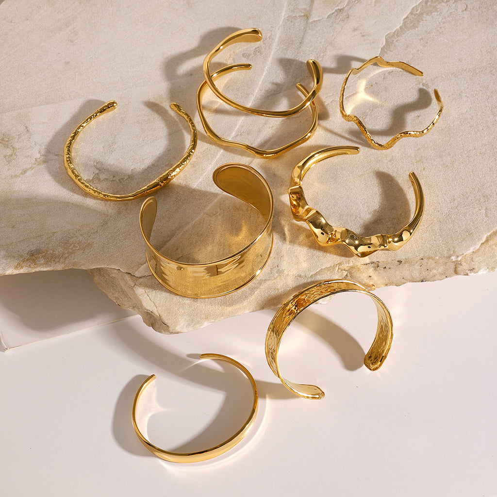 Stainless Steel18K Gold Bracelet Irregular Bangle Hammered Wave Open Bangle