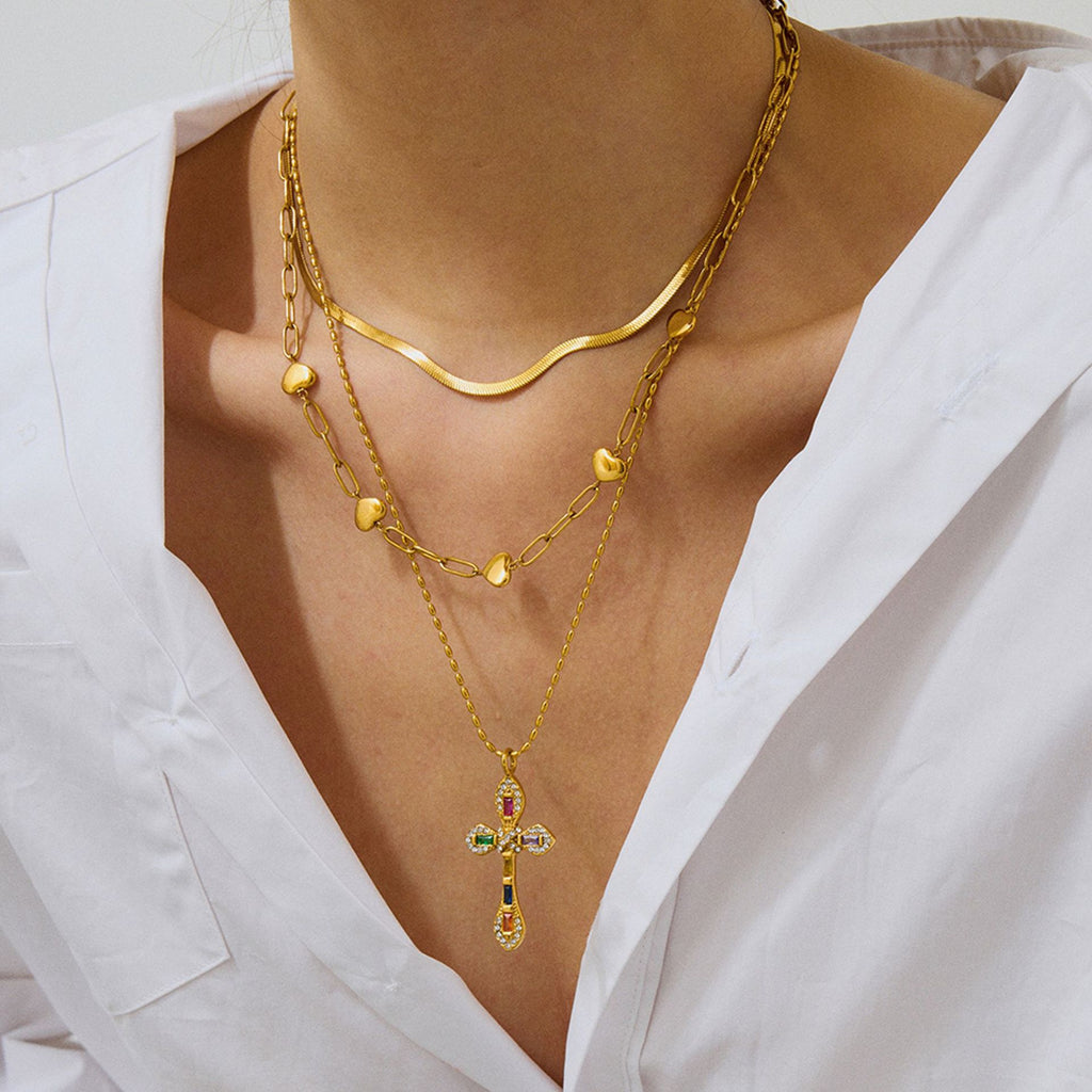 2H Zircon Cross Necklace Non-Fading Stainless Steel Necklace Women's Jewelry