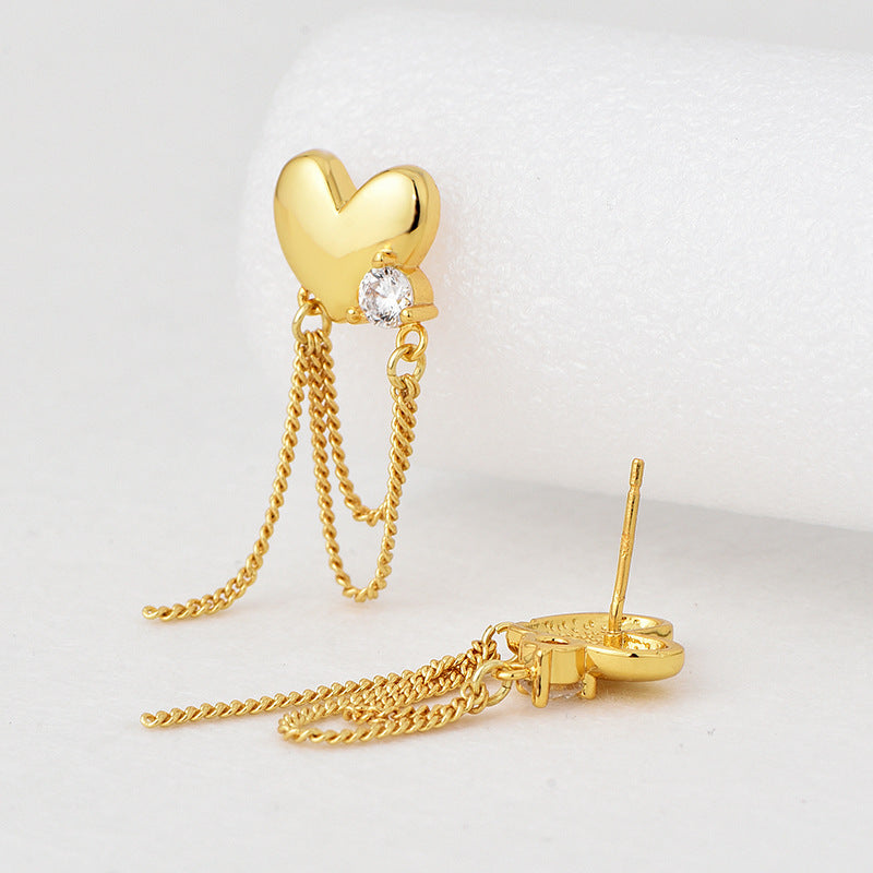 E0708 Elegant Fashion Simple Heart-Shaped Zircon Inlaid Tassel Chain Earrings for Women Heart Drop Earrings