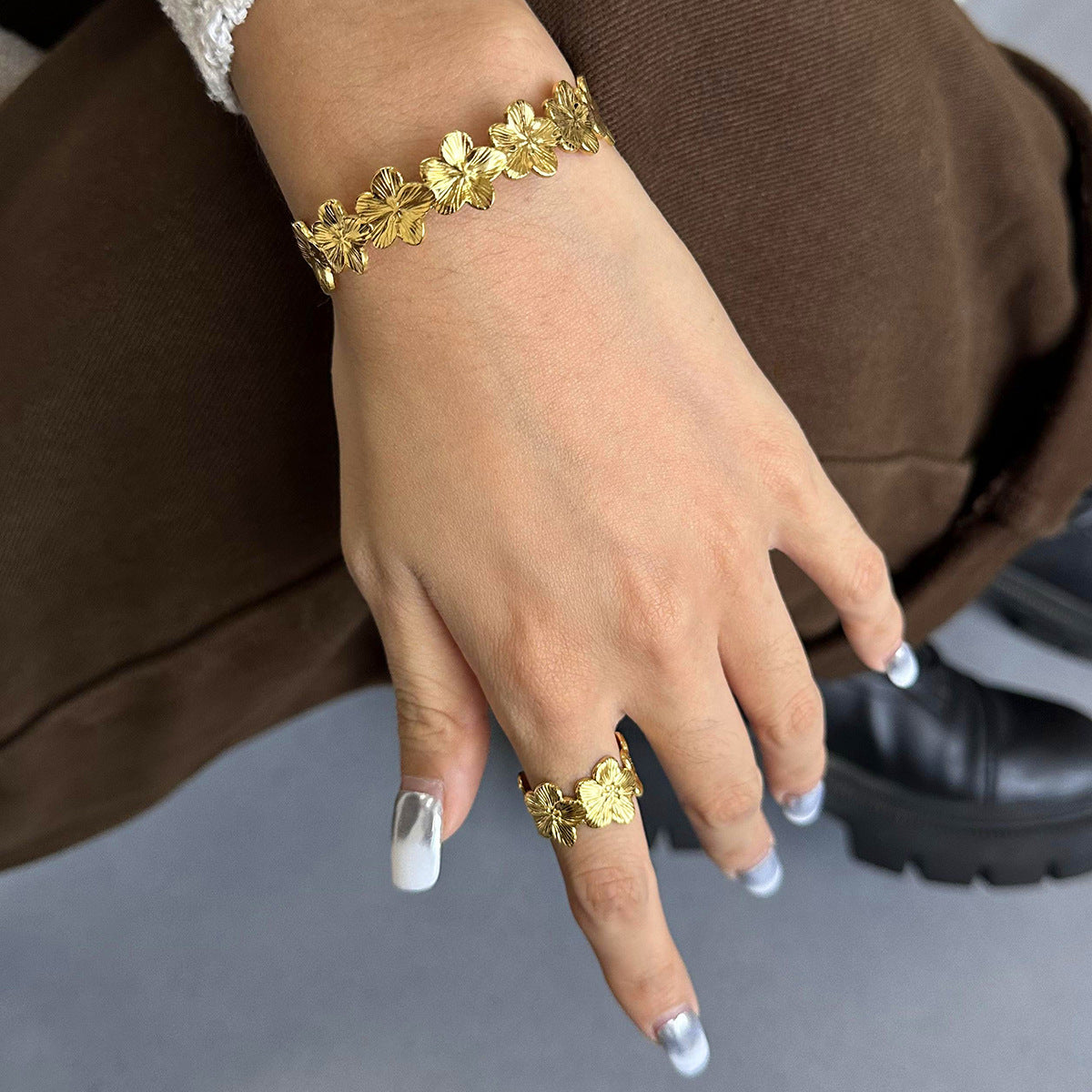 Stainless Steel Flower Open Bracelet Ring rings