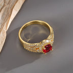 R0400 Fashion Inlaid Red Zircon French Exquisite Ring for Women Copper Plated Real Gold Micro Inlaid White Zircon Ring