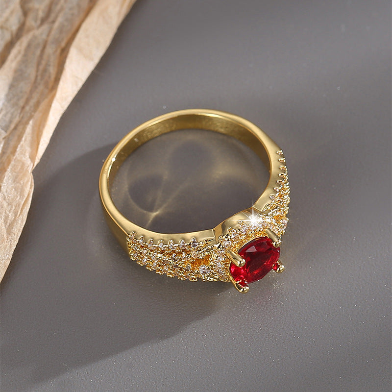 R0400 Fashion Inlaid Red Zircon French Exquisite Ring for Women Copper Plated Real Gold Micro Inlaid White Zircon Ring