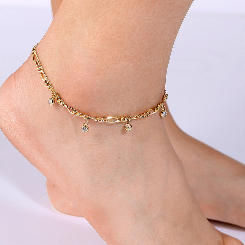 A0024 Hip-Hop Chain Zirconia Anklet for Women Copper Gold-Plated Fashion Retro Foot Jewelry