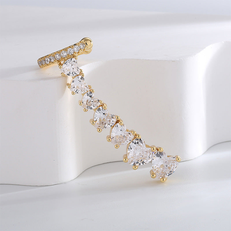 E0714 Fashion High-End Design Heart-Shaped Zircon Full Ear Clip for Women Brass Gold-Plated Vintage Earrings