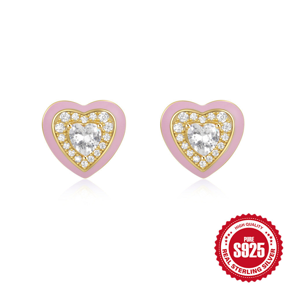 New925Sterling Silver Heart-Shaped Colored Diamond Oil Drop Earrings Hot-Selling Inlaid Diamond Mother's Day Earrings for Women