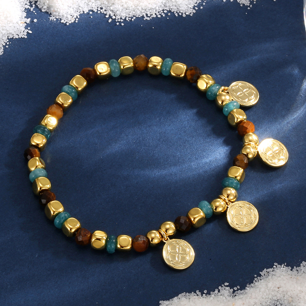 B0279 Round Beaded Bohemian Vintage Chalcedony Tiger Eye Stone Bracelet Trendy