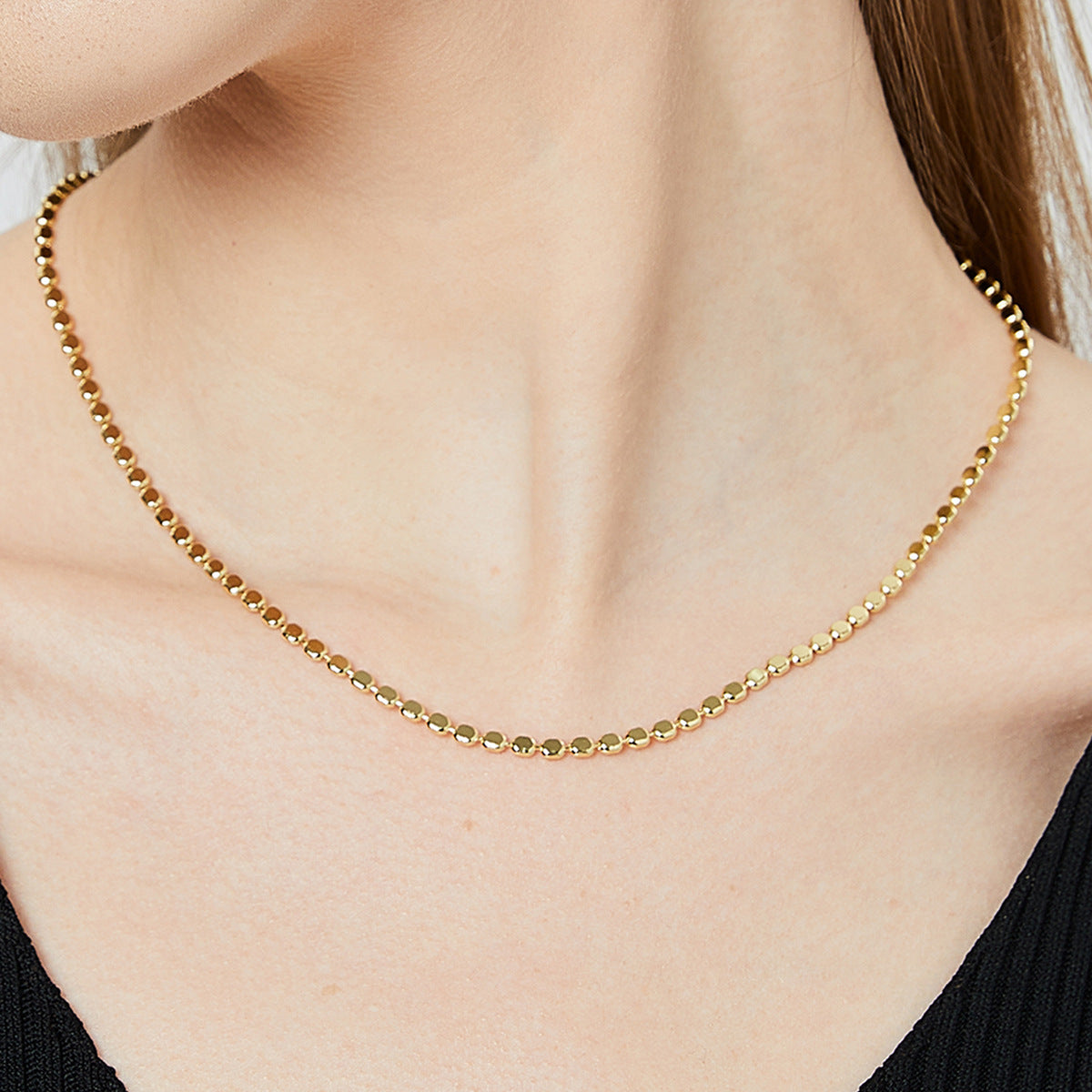 N0087 Fashion Style18K Gold Plated Bead Chain Necklace Oval Flat Bead Chain Choker Women's Jewelry